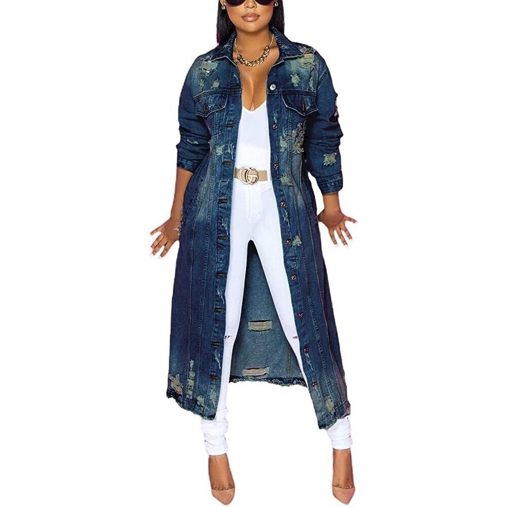 Women's Spring Fashion Ripped Holes Maxi Long Denim Jacket Trench Coat Dark Blue